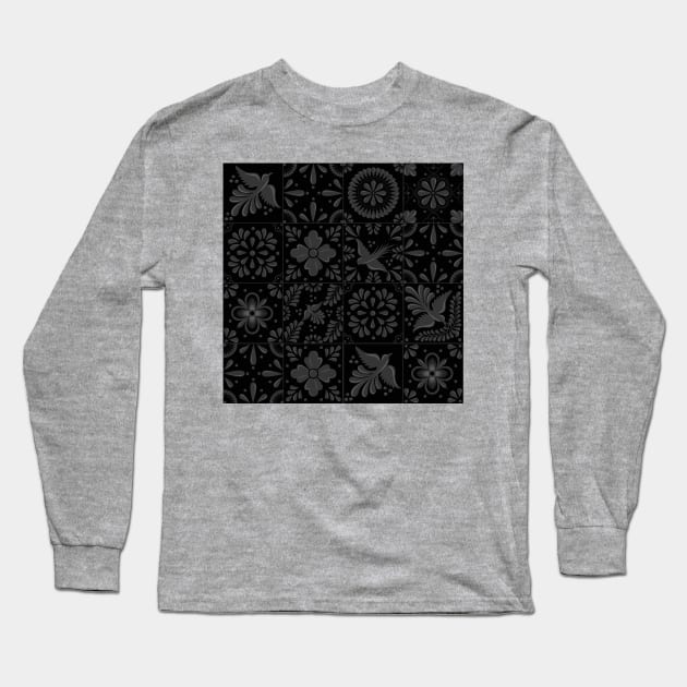 Mexican Black Talavera Tile Pattern by Akbaly Long Sleeve T-Shirt by Akbaly